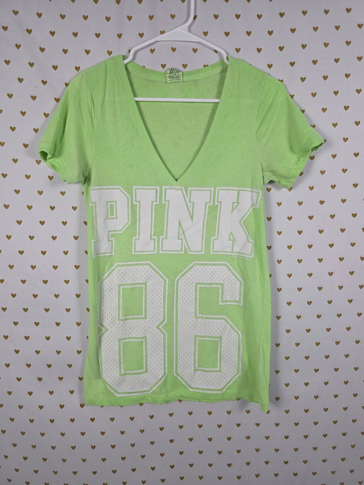 Victorias Secret PINK Vintage V neck Logo 86 Green tee shirt Y2k Medium