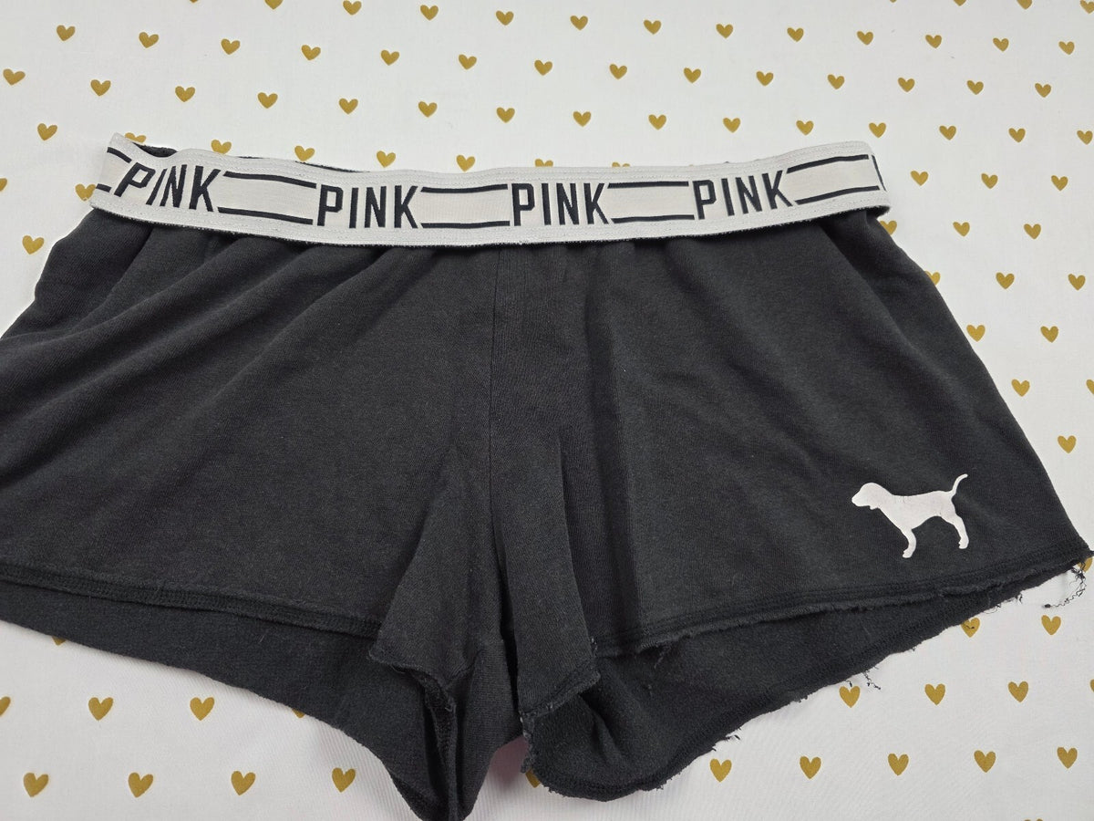 Victorias Secret PINK Dog Logo Black Foldover Sweat Shorts MEDIUM