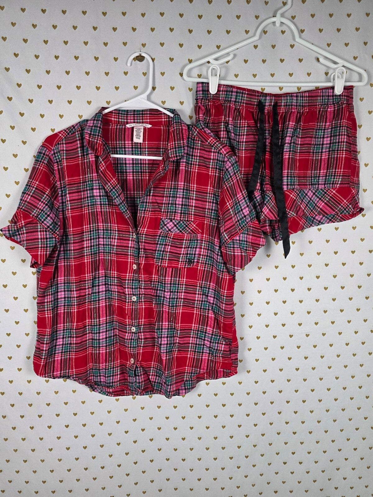Victoria's Secret Pajama Set S Red Pink Green Plaid Gold Lurex Shorts