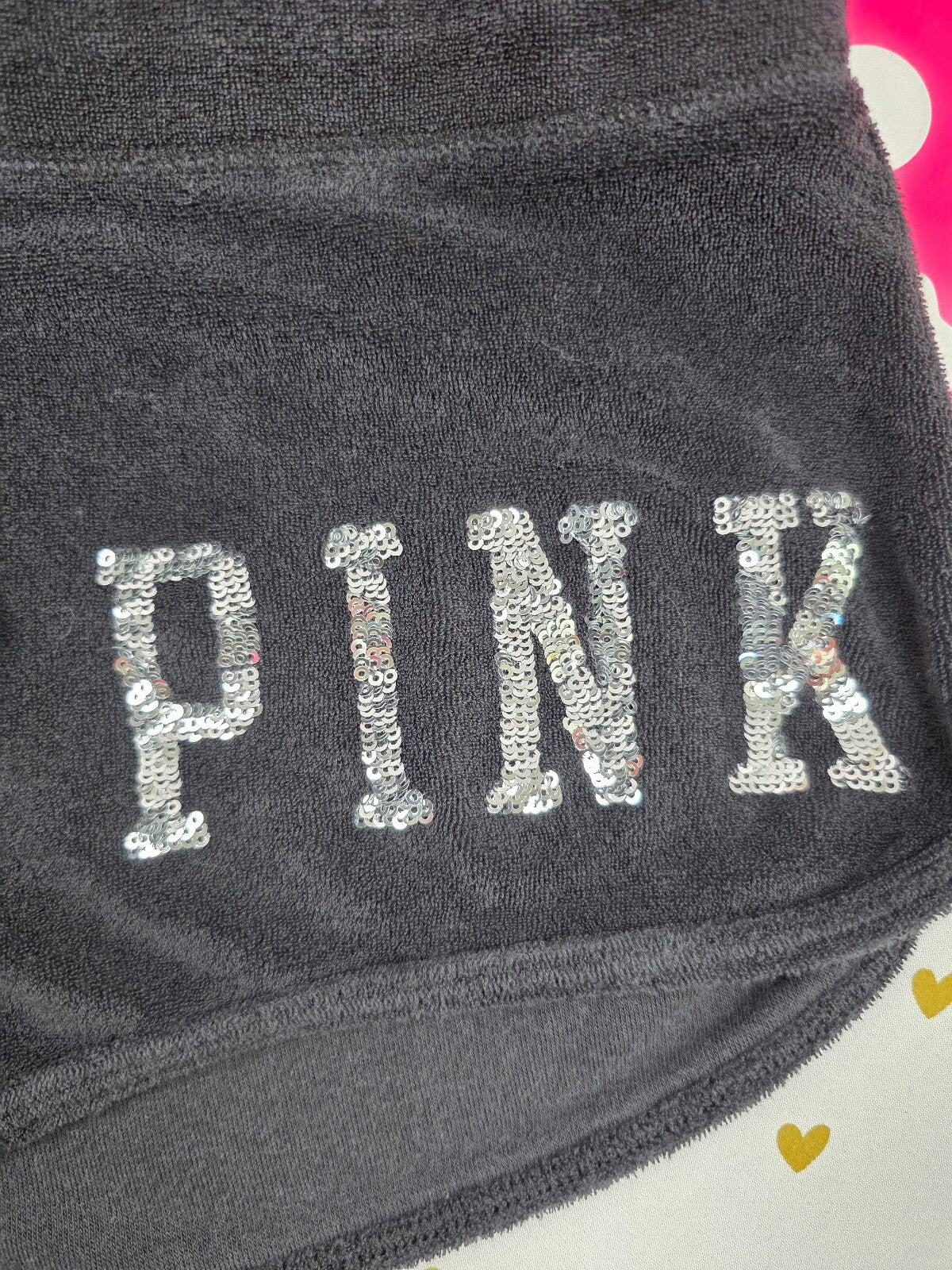 Victorias Secret PINK Velour Vintage Bling Logo Sequined Shorts Medium Black