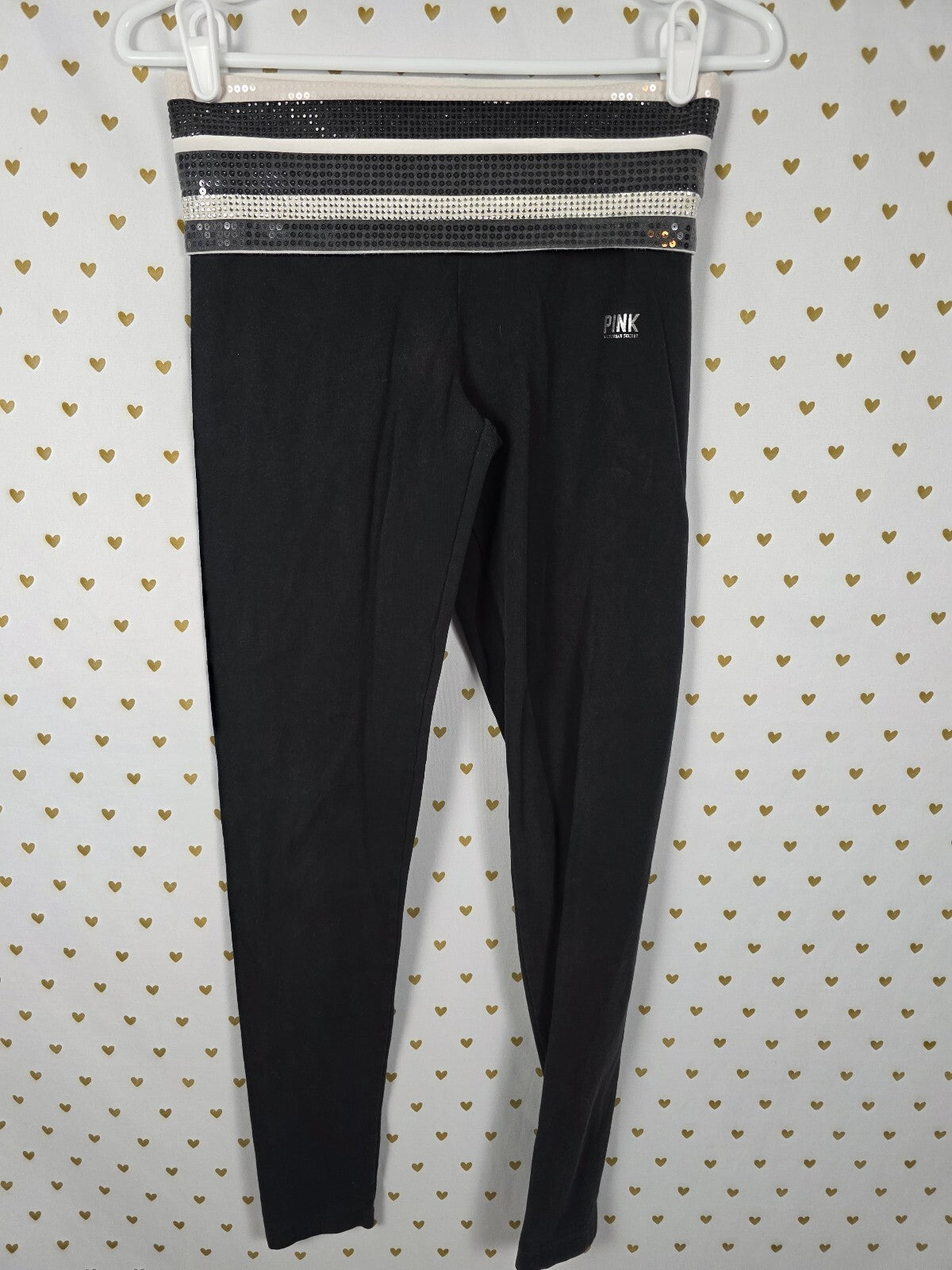 Victorias Secret PINK BLING Sequin STRIPE Foldover Yoga Pants XS Skinny Ankle