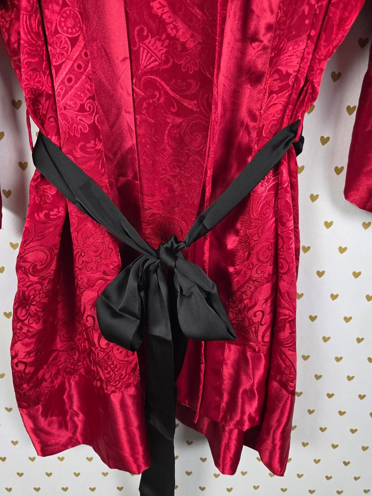 Vintage Victoria's Secret Red Jacquard Satin Kimono Robe Black Sash OS