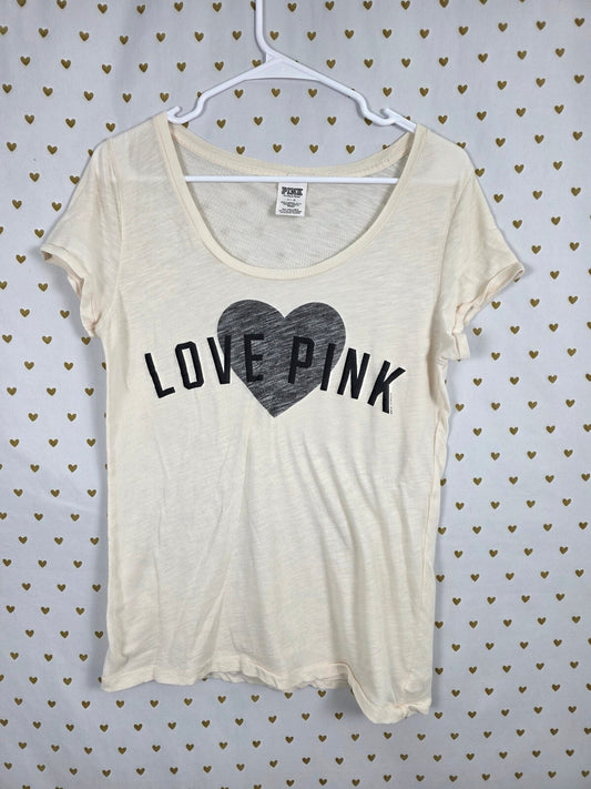 Victorias Secret PINK Love Heart Off White Tee shirt Large