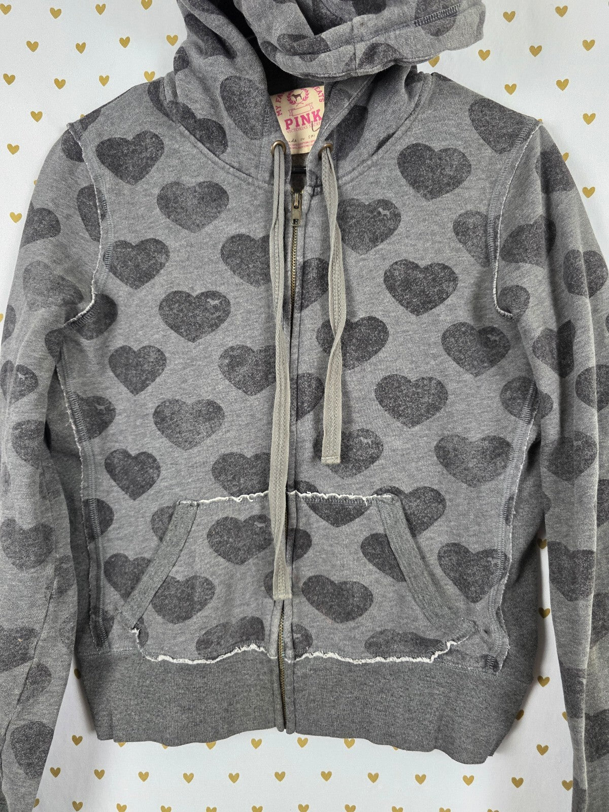 Victorias Secret Pink Vintage HTF hearts Full zip Hoodie Sweater Large Y2K L
