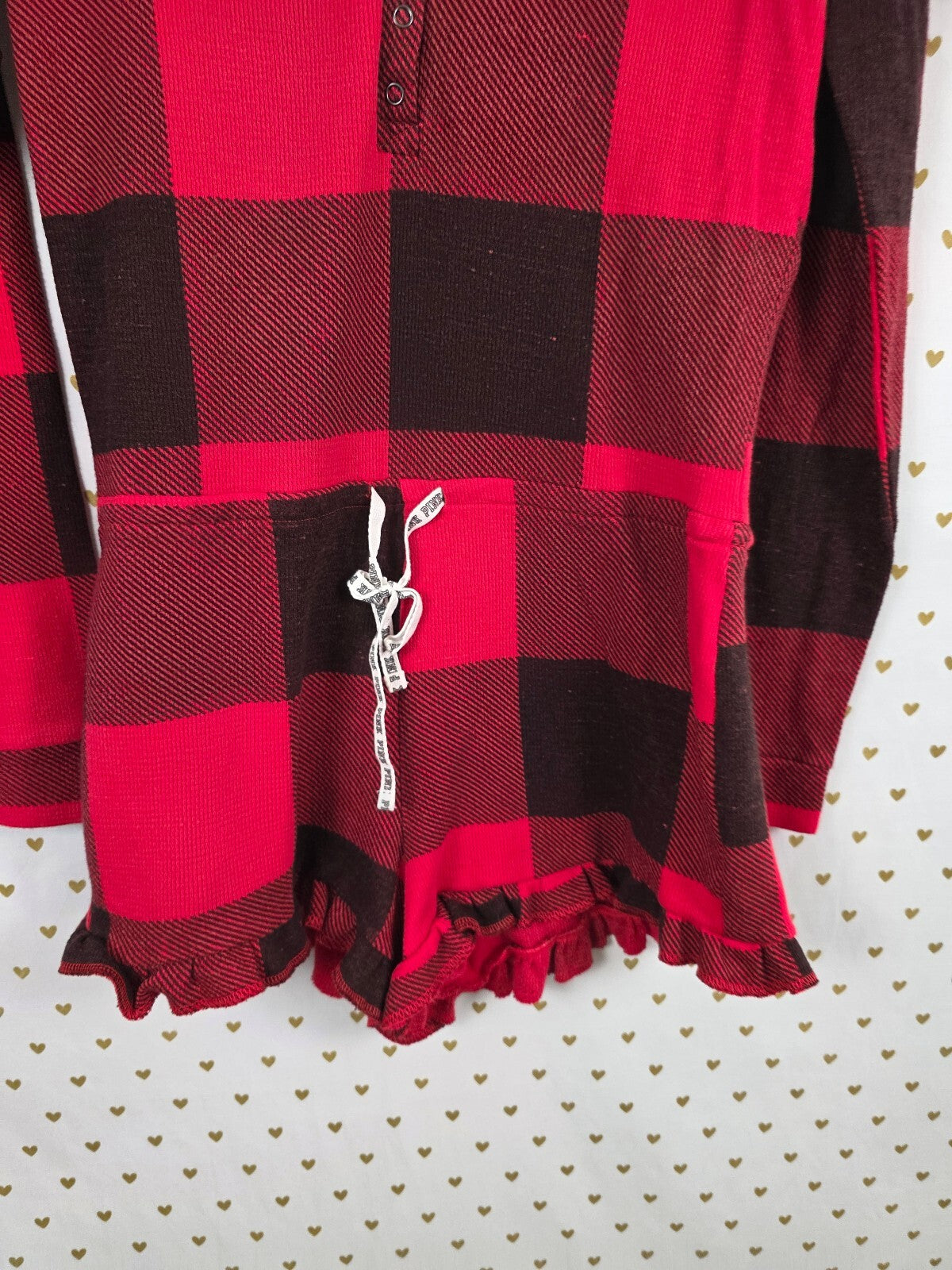 Victorias Secret Buffalo Plaid PINK Checkered Sleep Romper Logo Back Outfit L