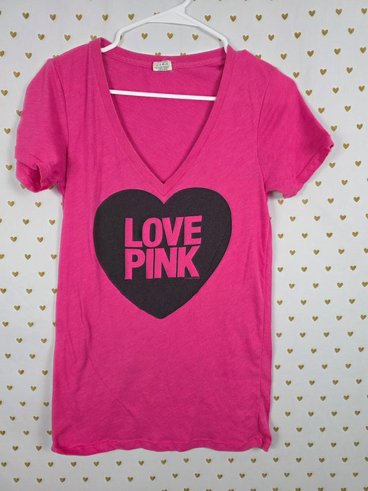 Victorias Secret PINK LOVE V neck logo Tee shirt SMALL