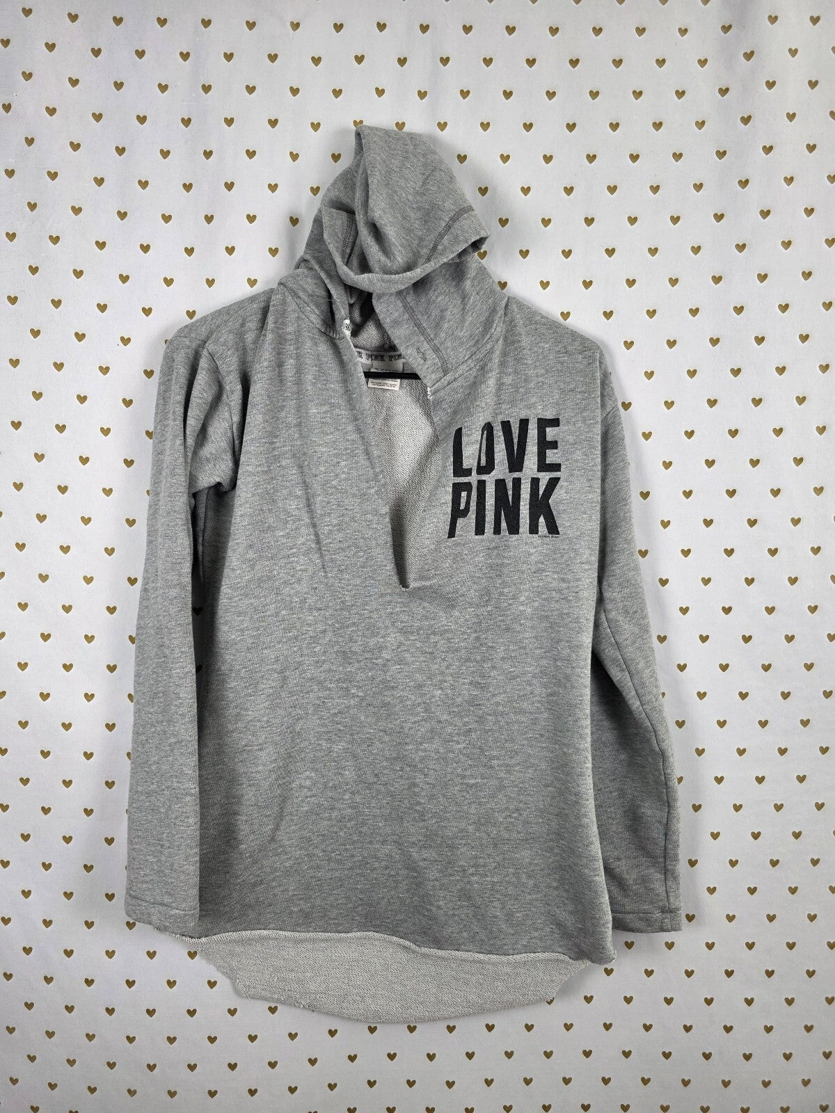 Victorias Secret Pink Pullover V Neck Hoodie Sweater logo Grey XS