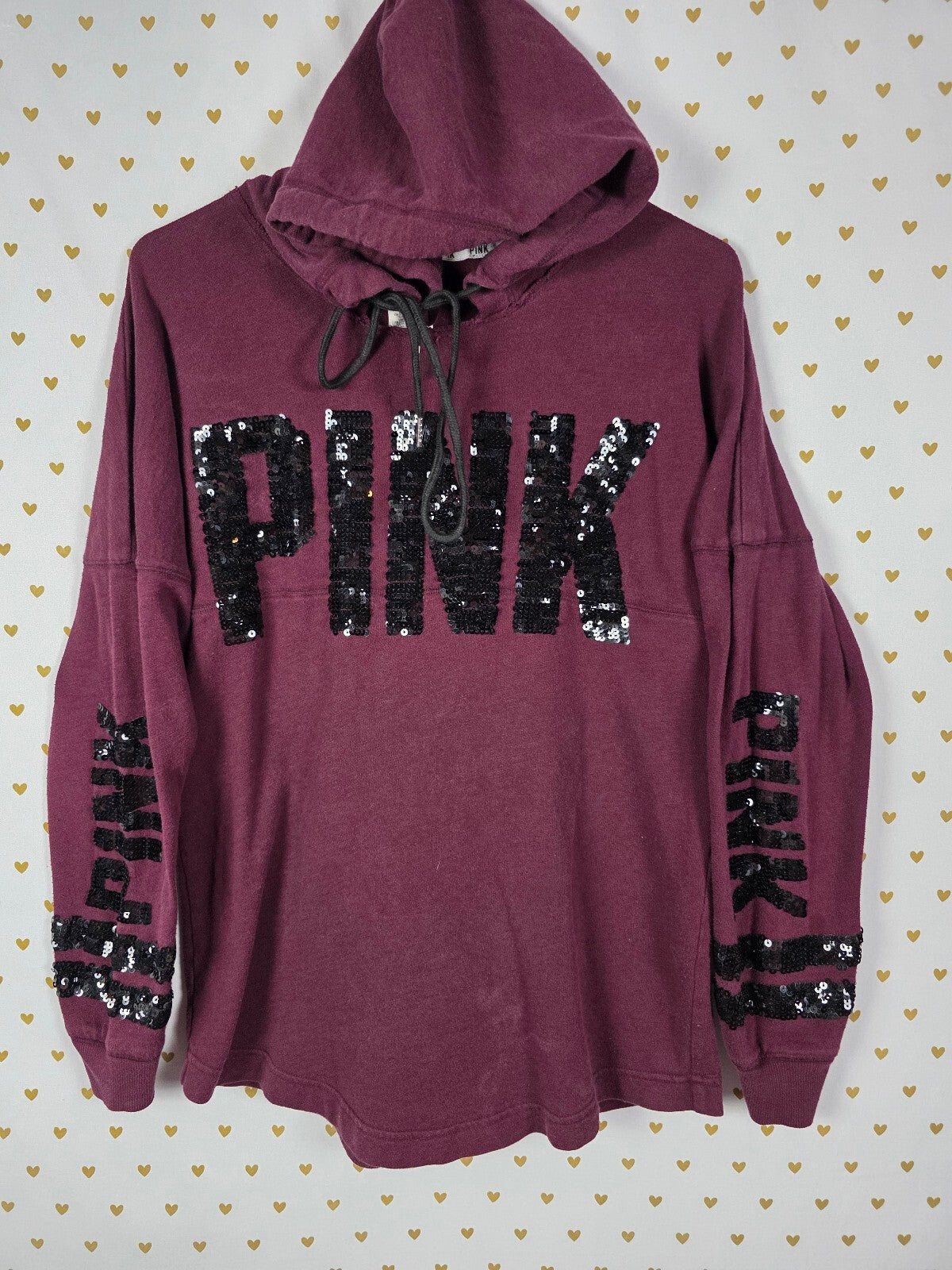 Victorias Secret Pink Maroon Bling Sequined Pullover Hoodie Tee Small