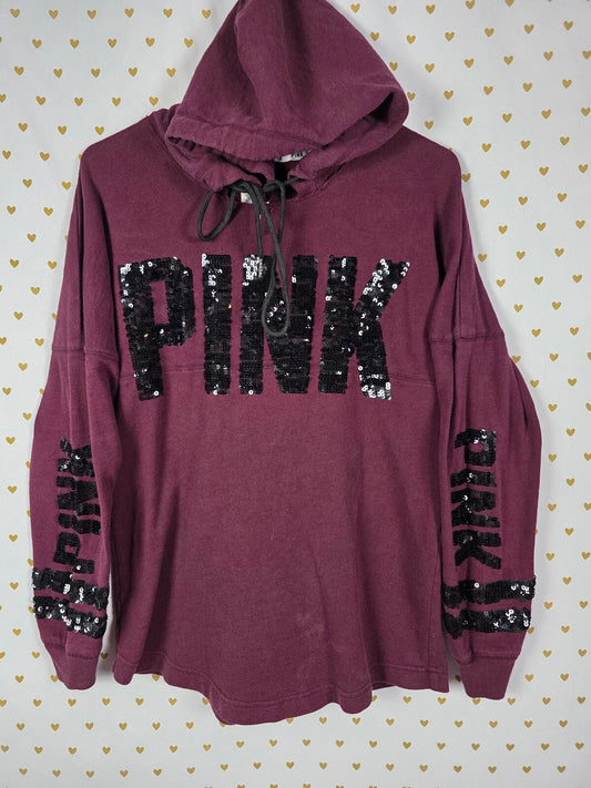 Victorias Secret Pink Maroon Bling Sequined Pullover Hoodie Tee Small