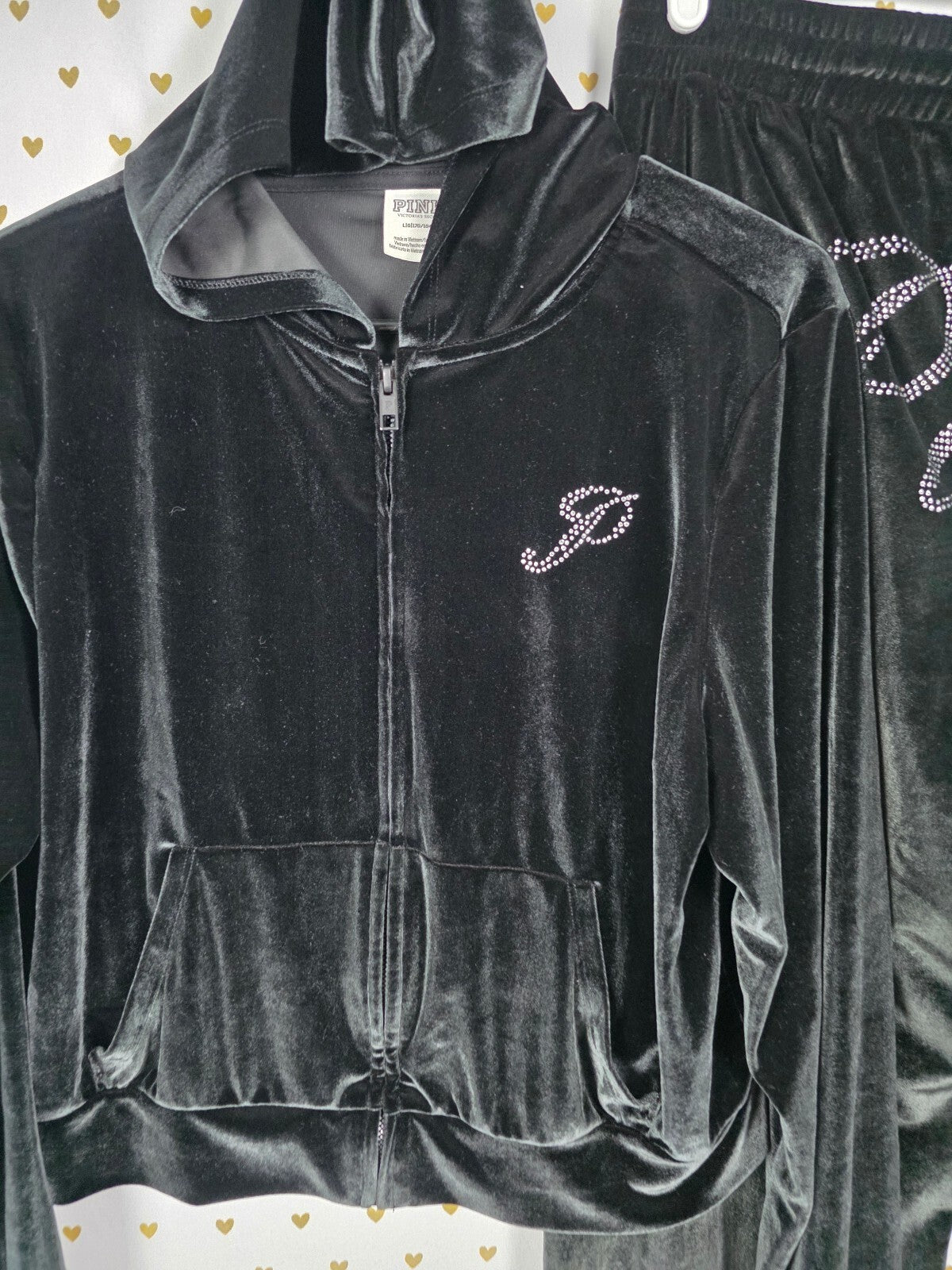 Victorias Secret Pink VELOUR BLING Hoodie Jacket Sweats SET 2pc LARGE