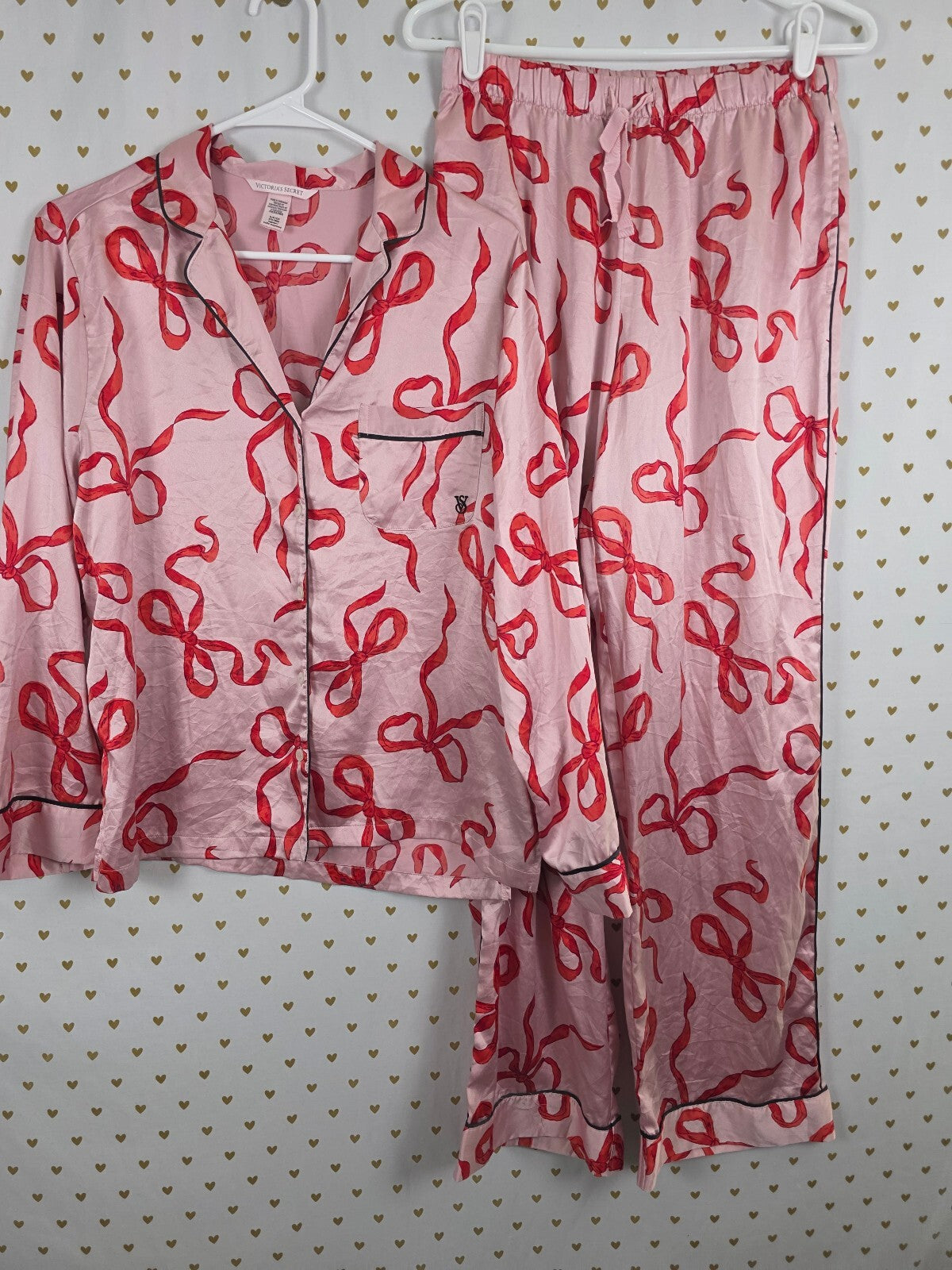 Victorias Secret Satin Bows Sleep Set 2pc Button Down Shirt Pants Small Pink