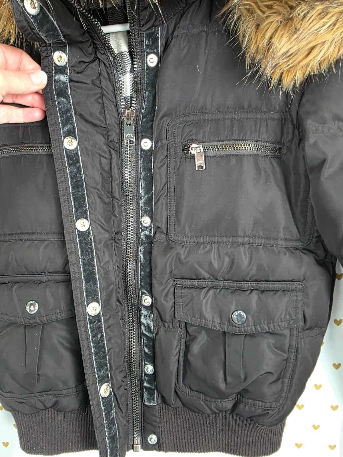 VS PINK 1986 Puffer Jacket S Black Faux Fur Hood Plaid Lined Y2K Coat Parka VTG