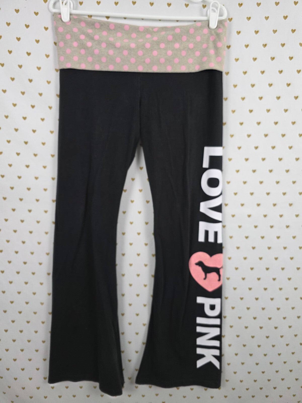 Victorias Secret PINK Polka Dot Campus Originals Foldover Flare Yoga Pants HTF L