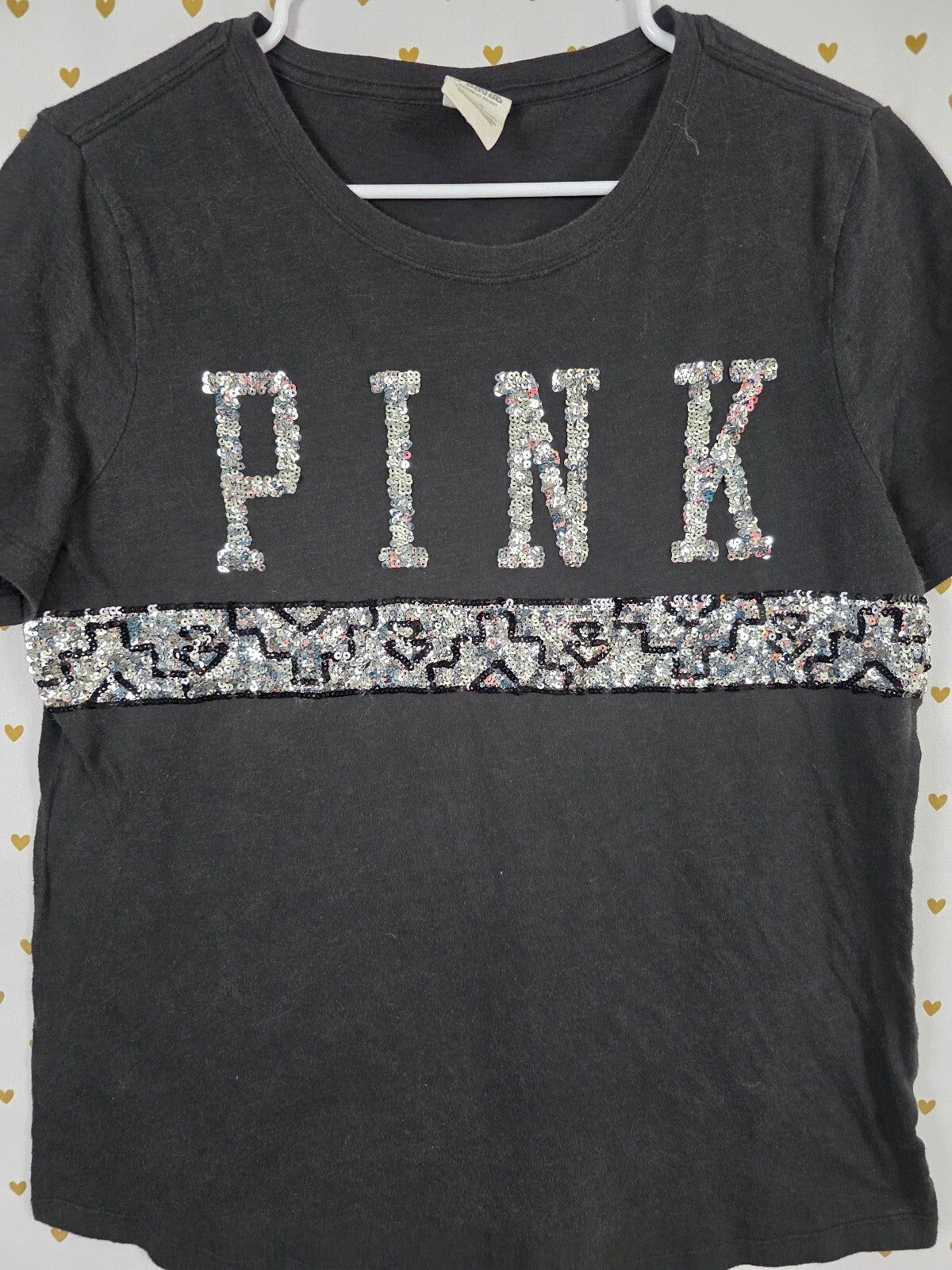 Victorias Secret PINK Bling Sequined Logo Black Tee shirt Large