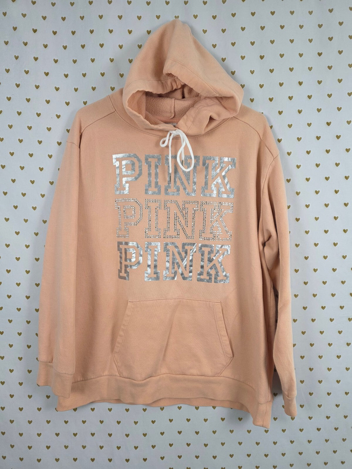 Victorias Secret Pink Bling Studded Logo Pullover Peach Sweater Shirt Large
