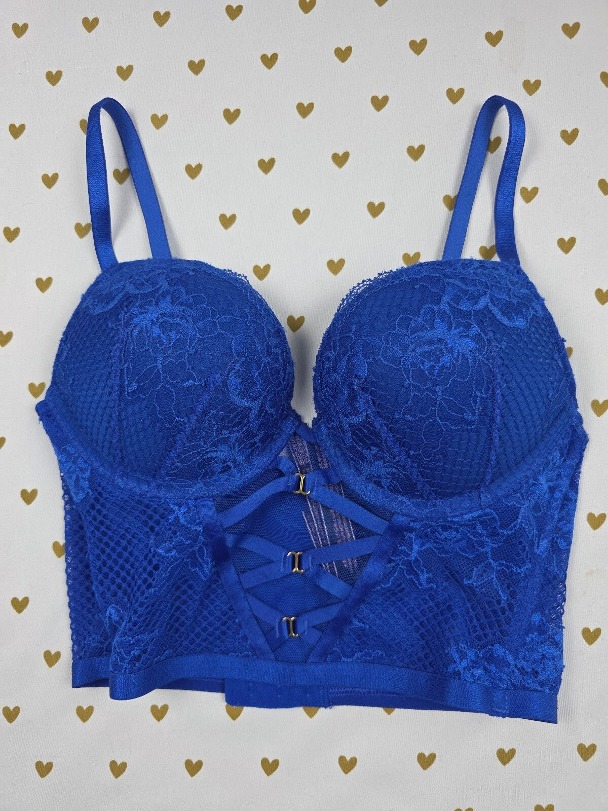 Victoria’s Secret Bombshell Plunge Blue Lace Longline Corset Bra 32A