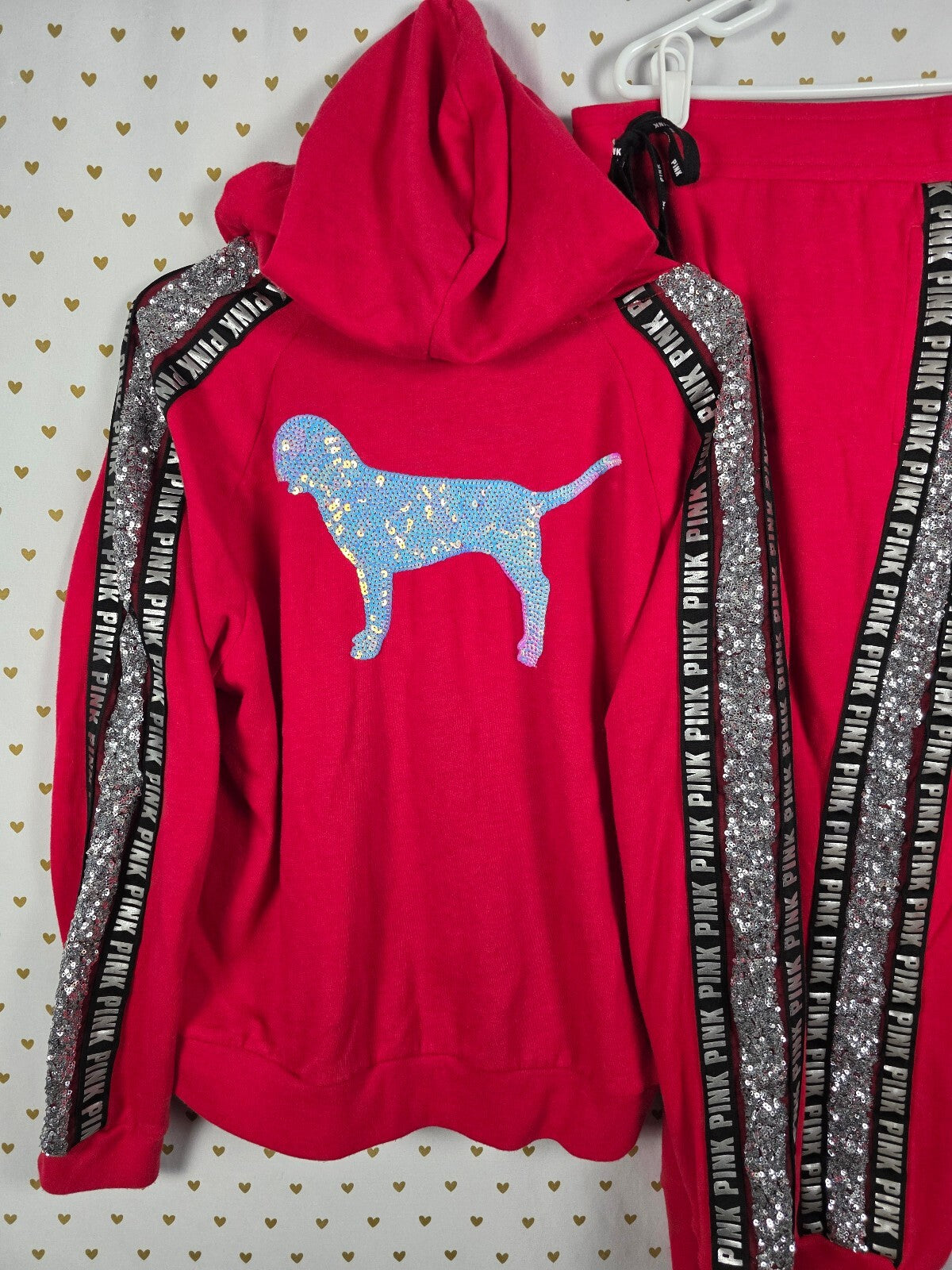 Victorias Secret Pink Red Mermaid Bling Hoodie Jacket Sweats SET XL 2pc HTF