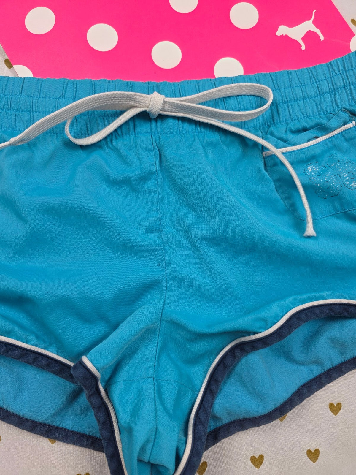 Victoria's Secret LOVE PINK Board Shorts M Blue Swim Y2K Logo Drawstring