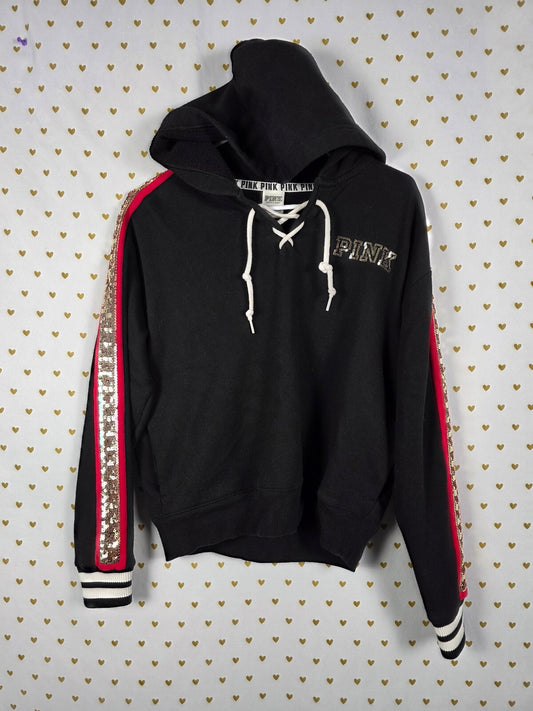 Victoria's Secret PINK Sequin Rose Hoodie Black Gold Stripe Pullover XS