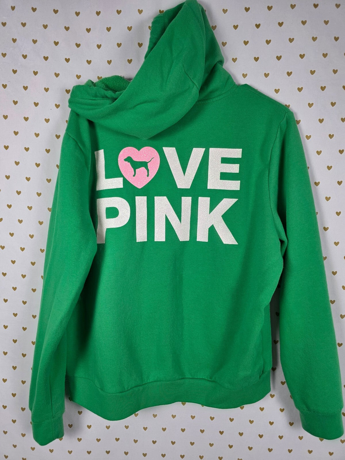 Victorias Secret Pink Green Campus Originals Glitter Full Zip Hoodie Jacket XL