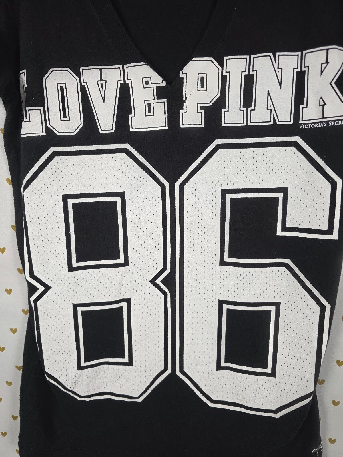 Victorias Secret PINK Vintage Jersey Logo V neck black tee shirt LARGE