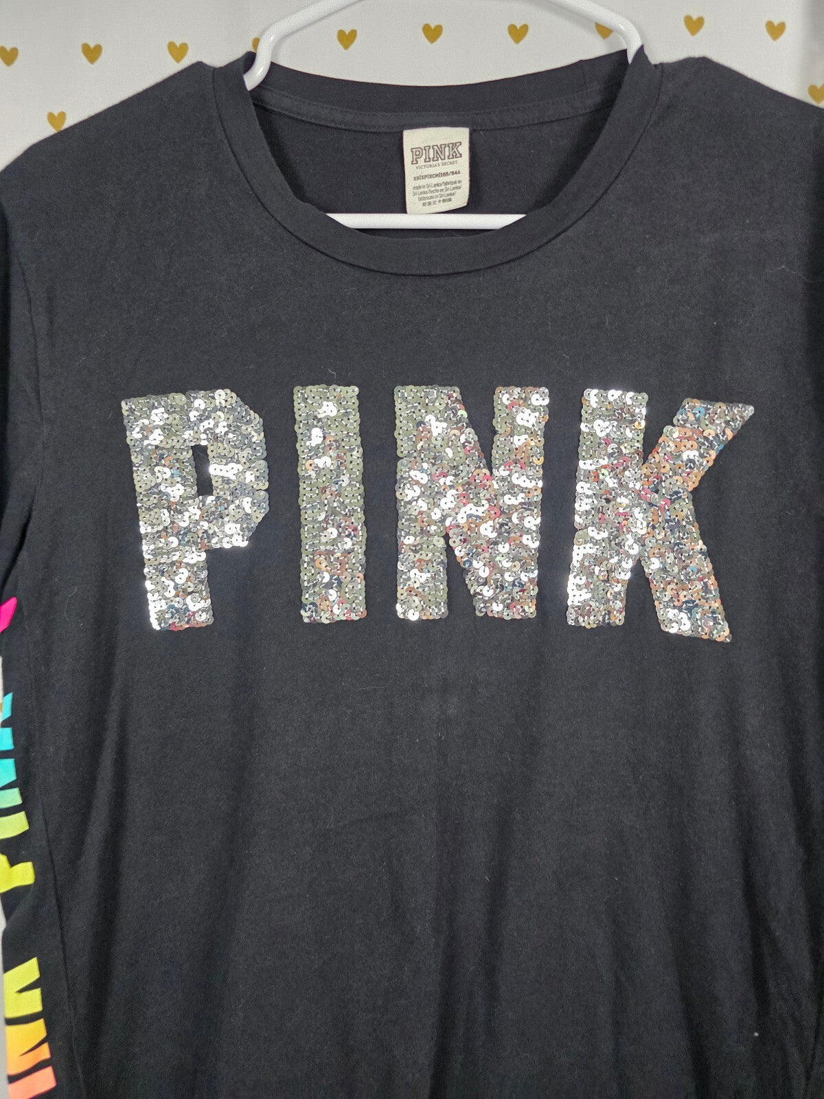 Victorias Secret PINK Rainbow BLING Set Yoga Pants Sequined HTF Tee Outfit XS