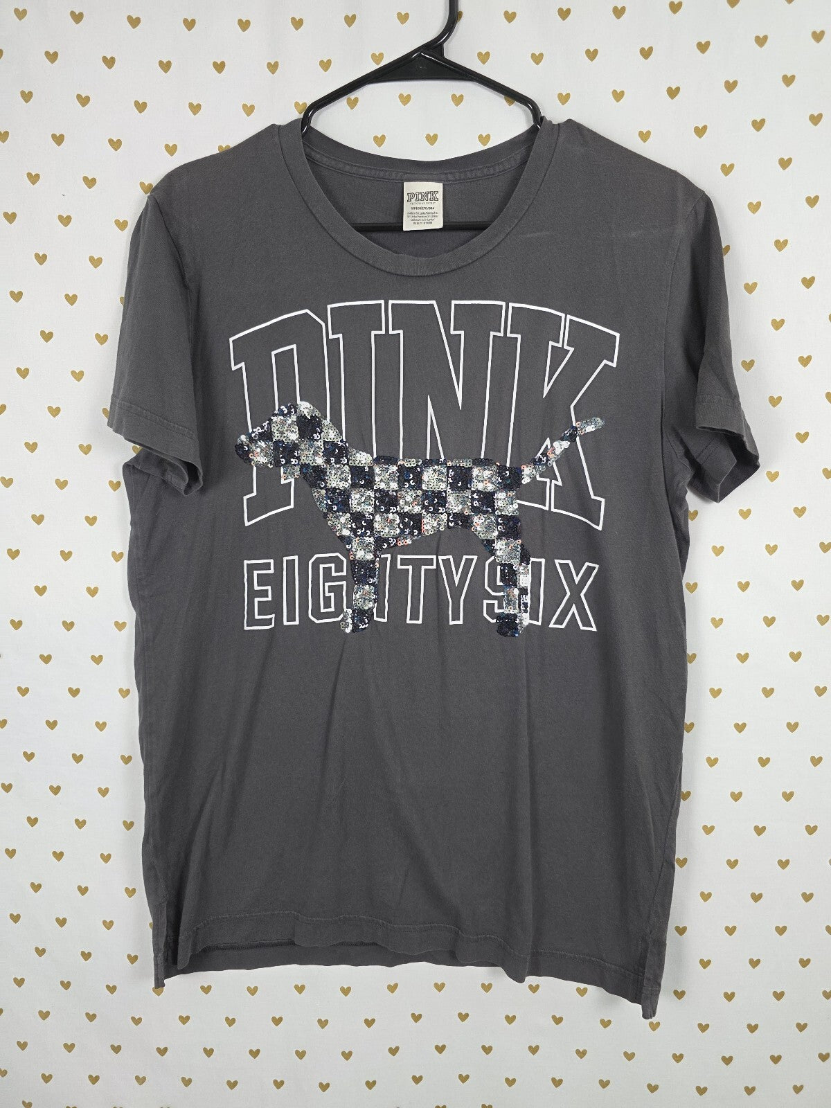 Victorias Secret PINK Checkered BLING Sequined Tee shirt 86 Grey Small