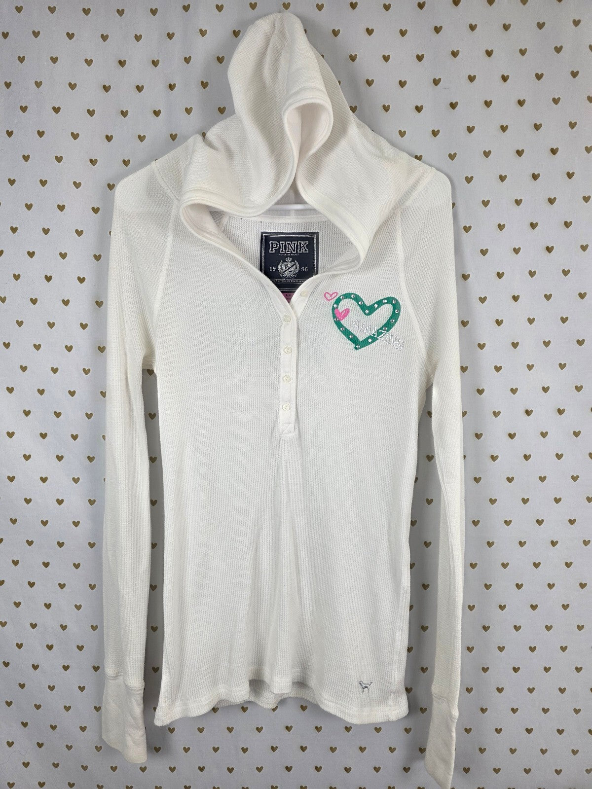 Victoria's Secret PINK Vintage Y2K Thermal Hoodie Bling Heart White Green Henley