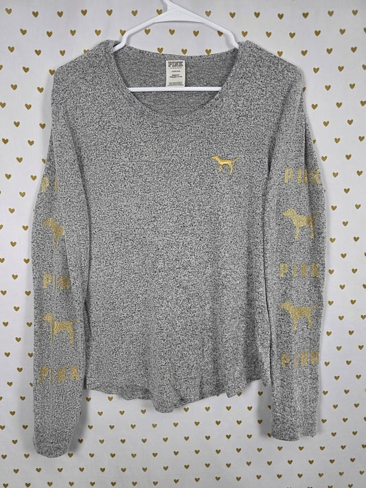 Victorias Secret PINK Grey Gold Glitter Bling Long Sleeve Tee shirt LARGE