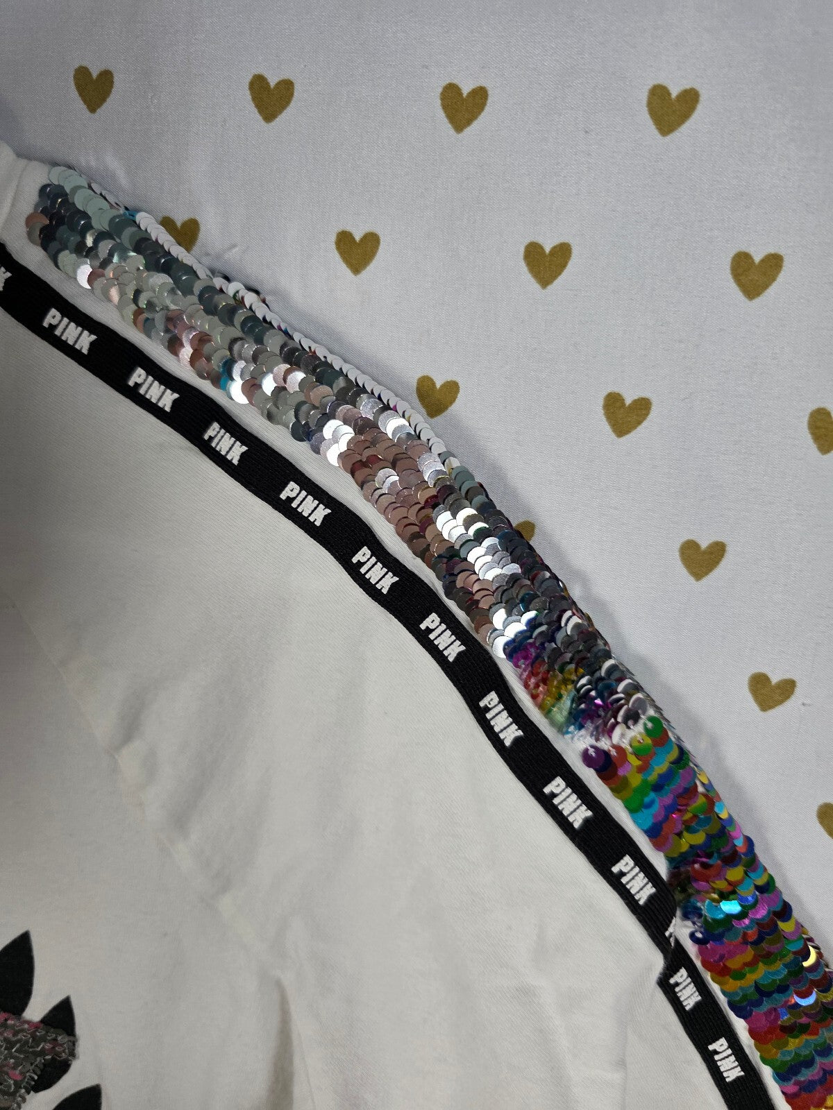 Victoria's Secret PINK Sequin Logo T Shirt Flip Rainbow Sequins White S