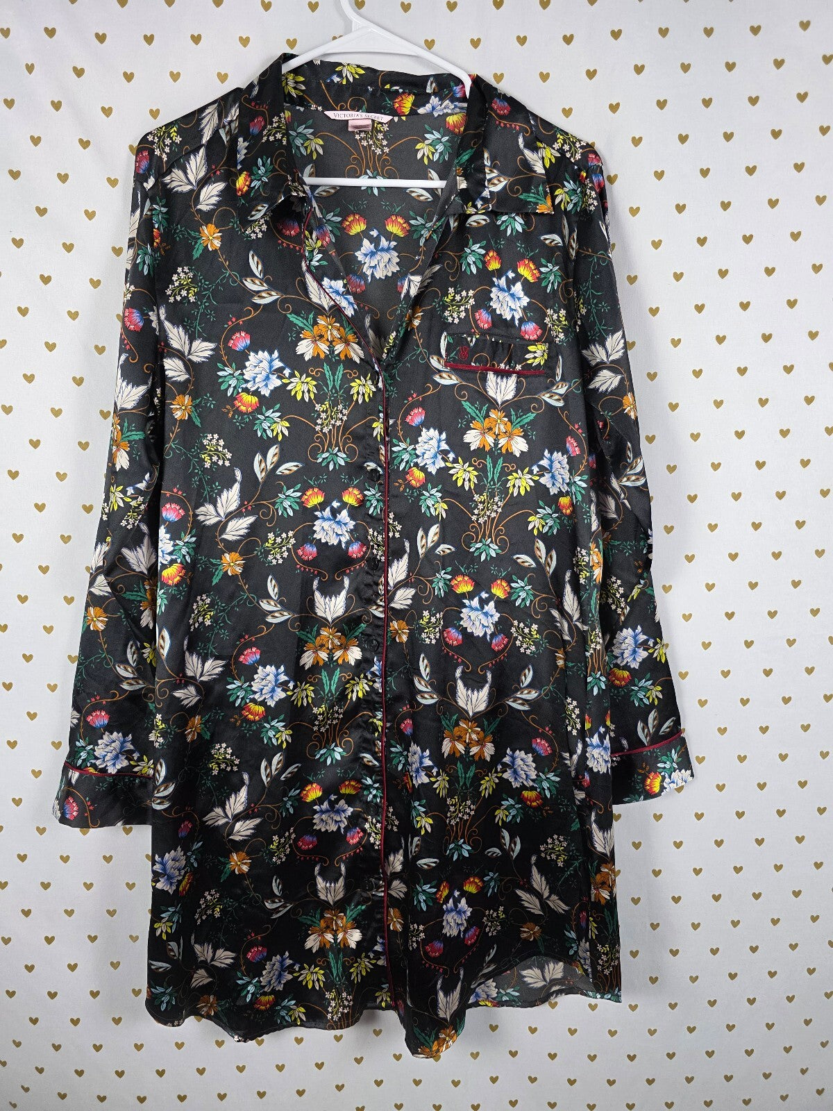 Victorias Secret Satin Floral Sleep Shirt Nightgown Button Front Pajama Dress M