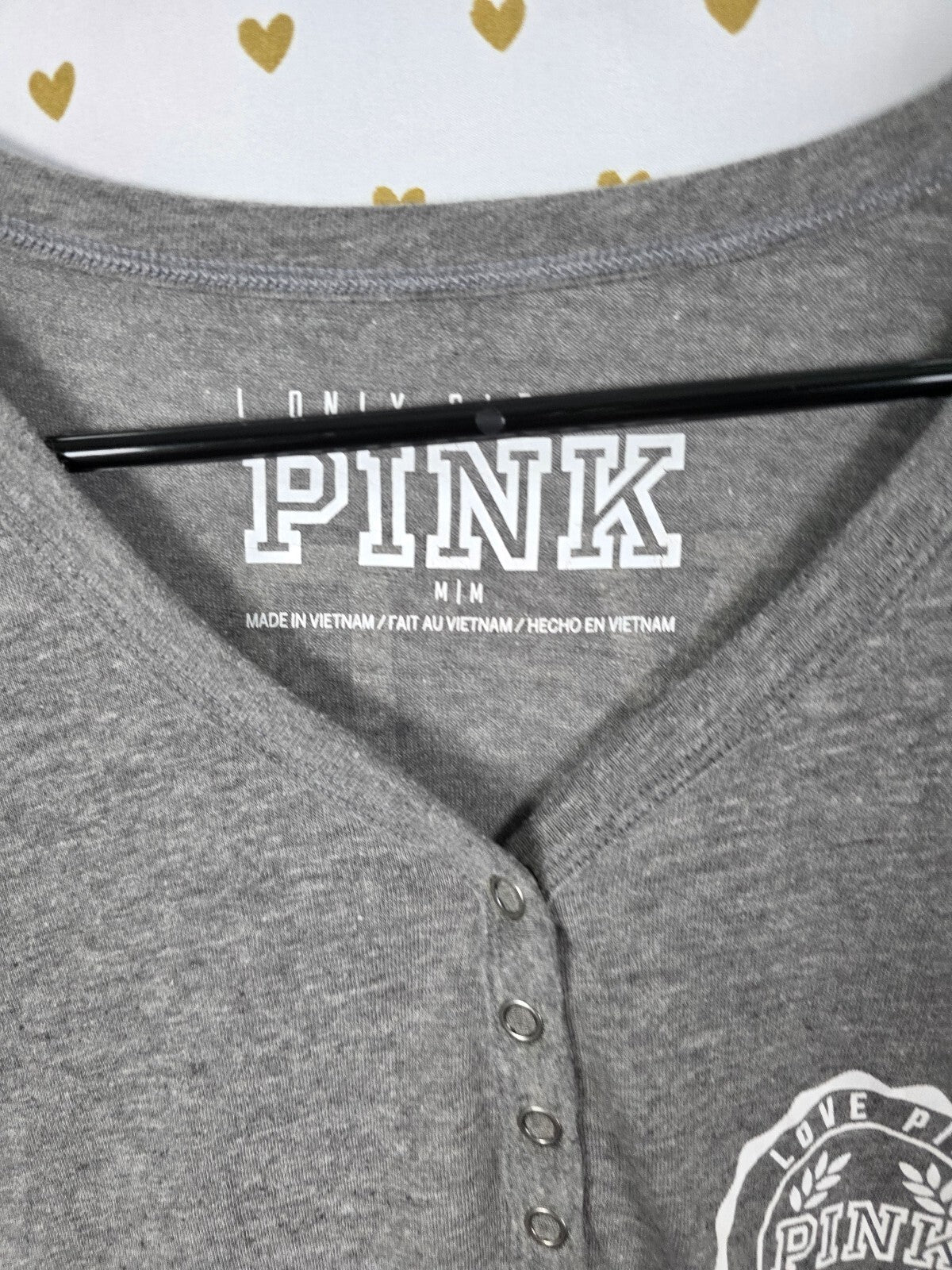 Victorias Secret PINK MY DAY STARTS AT NOON Henley Grey Shirt MEDIUM