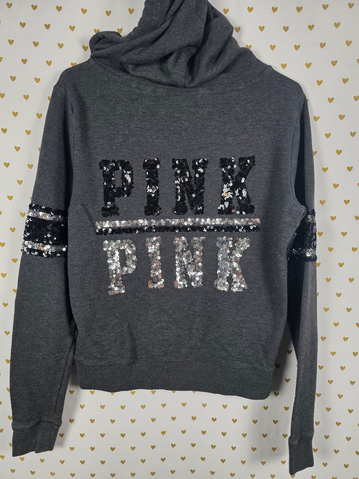 Victorias Secret Pink Bling Sequined Logo Full zip Hoodie Jacket Grey Medium