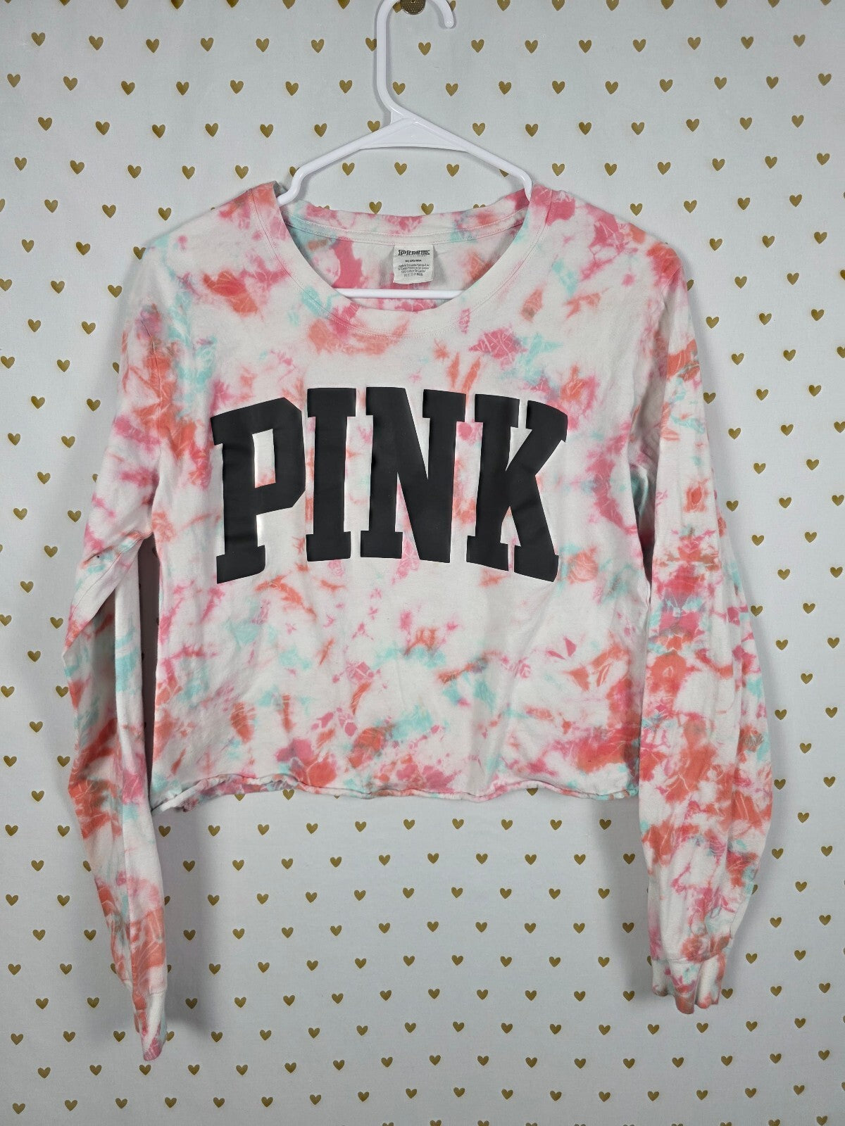 Victorias Secret PINK Tye Dye Cropped Logo Long sleeve Tee shirt MEDIUM
