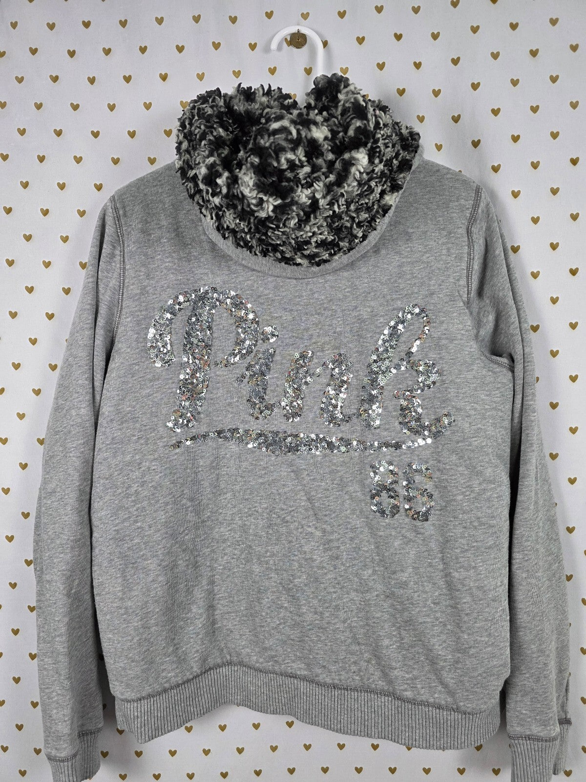 Victoria's Secret PINK Sherpa Lined Hoodie Sequin Dog Leopard Gray Zip Large