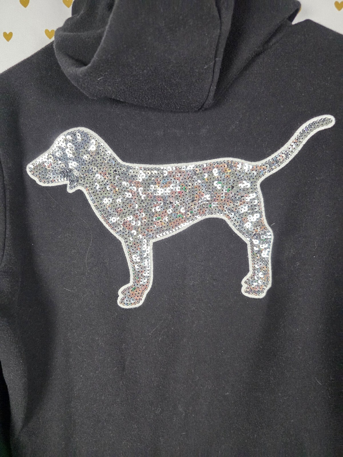Victorias Secret Pink Dog Logo BLING Sequined Hooded Sweater Pullover Small