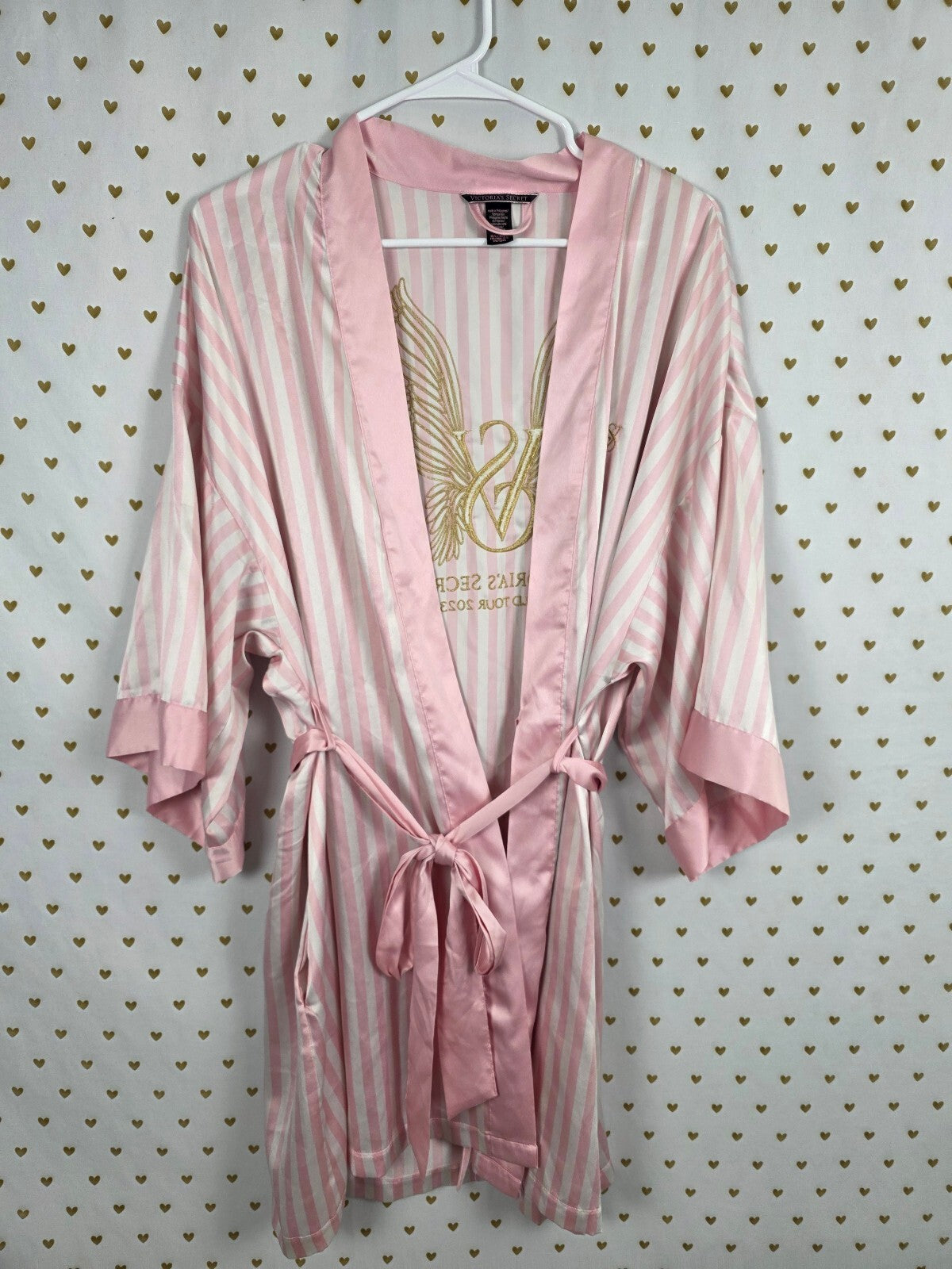 Victoria's Secret World Tour 2023 Satin Robe M/L Pink Stripe Gold Wings
