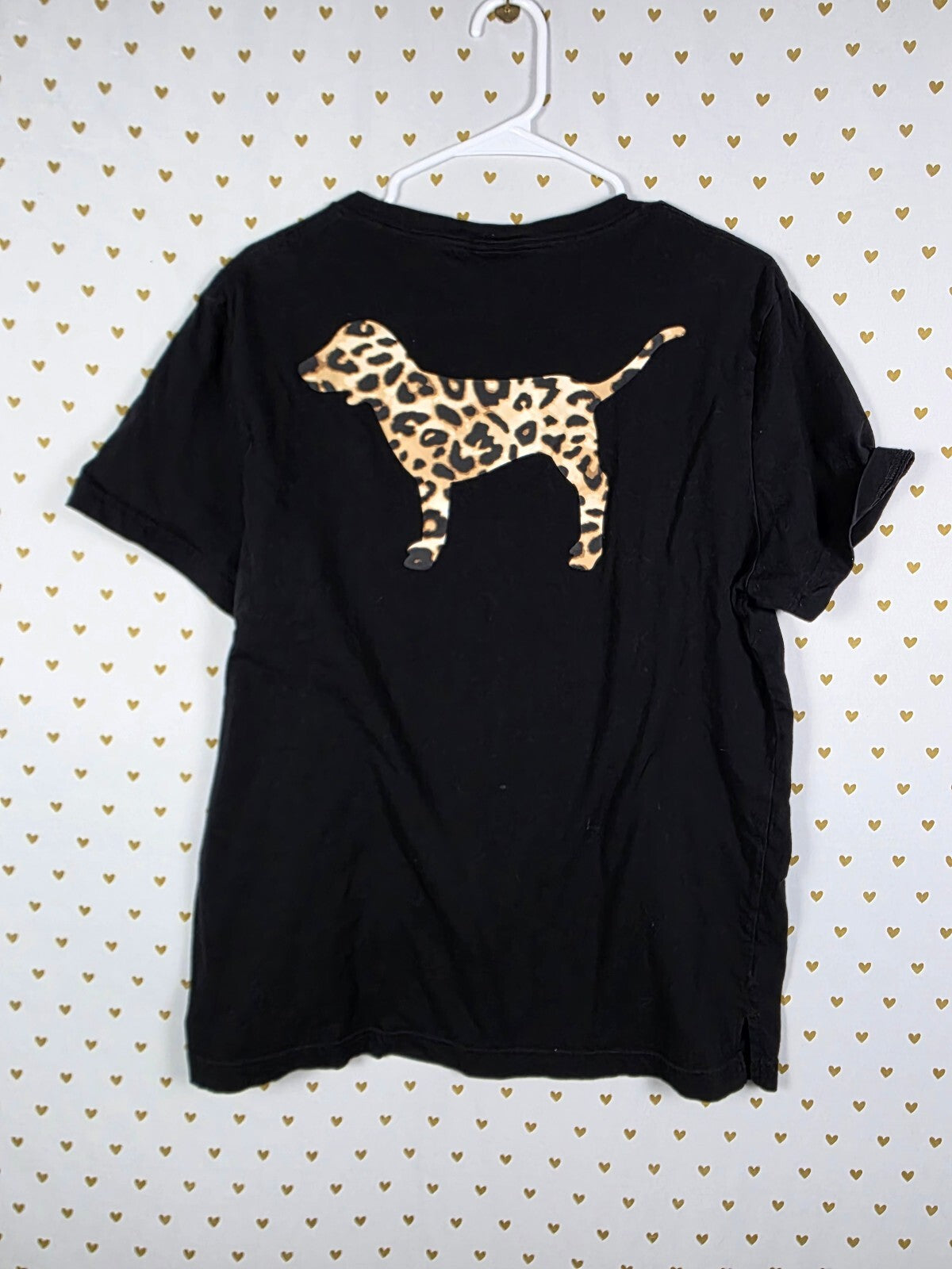 Victorias Secret PINK Leopard Cheetah Dog Logo Pocket Tee Shirt black Large