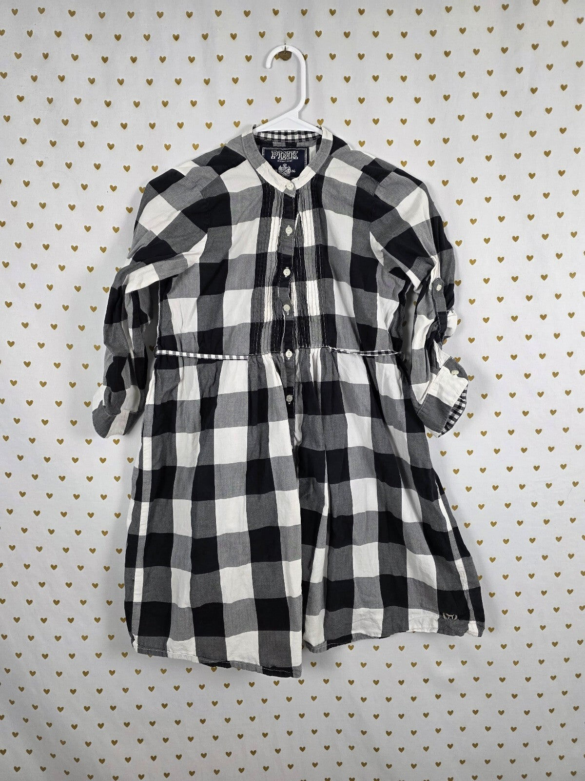 Victoria's Secret PINK Plaid Shirt Dress M Black White Buffalo Check Vintage
