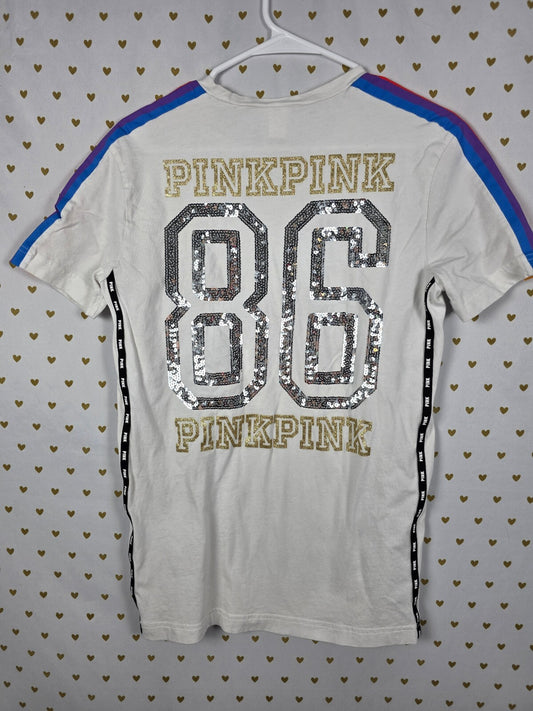 Victorias Secret PINK Rainbow 86 BLING Tee shirt White XS