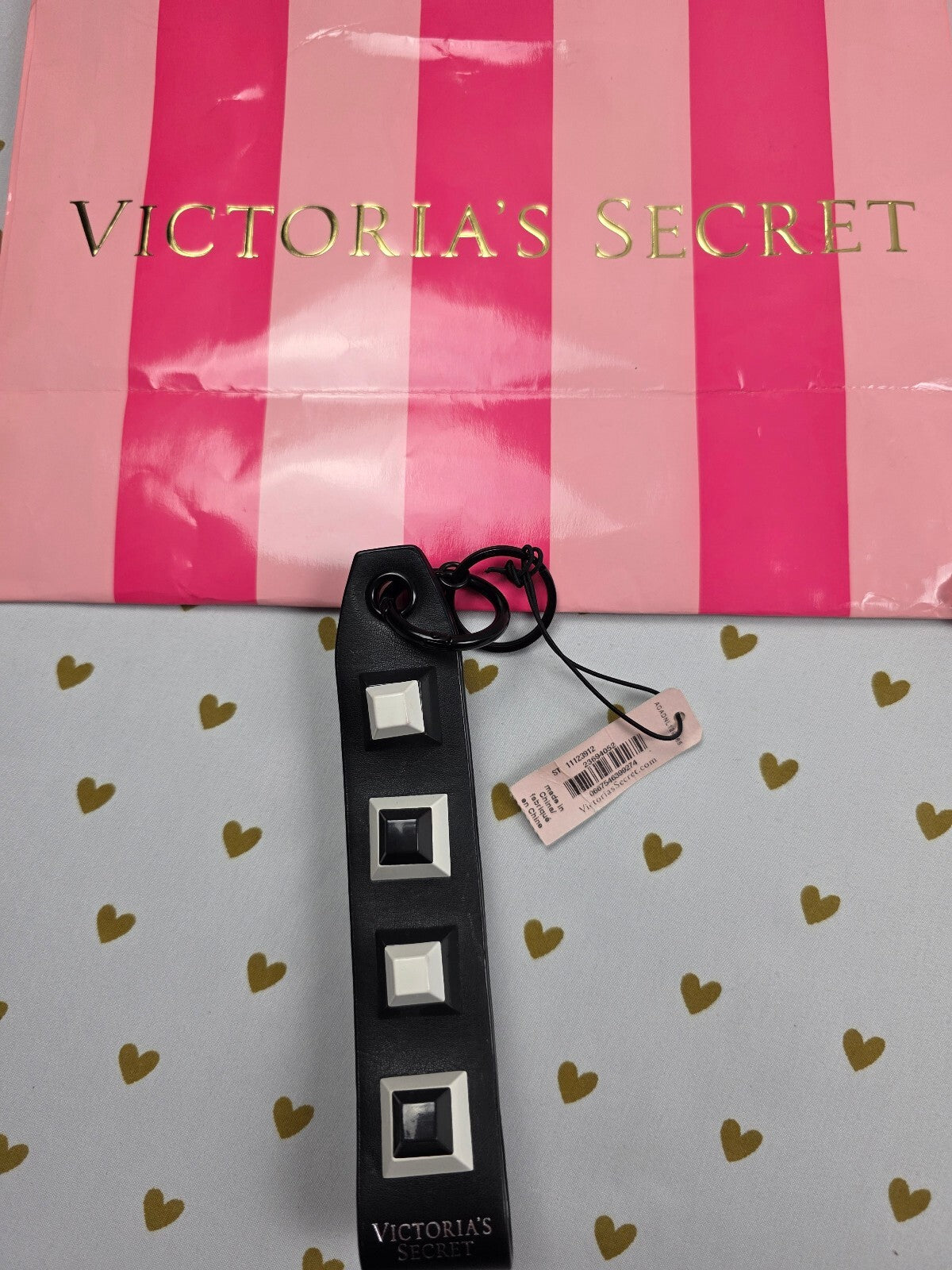 Victoria Secret BLING wristlet strap keychain Logo Black Studded Handle New NWT