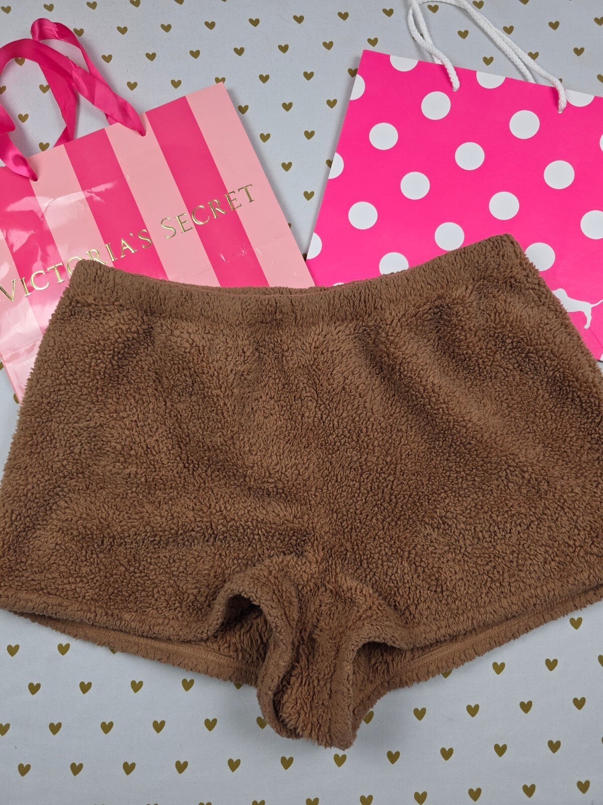 Victoria's Secret PINK Co-Zzzy Sherpa Fuzzy Lounge Shorts M Brown Plush