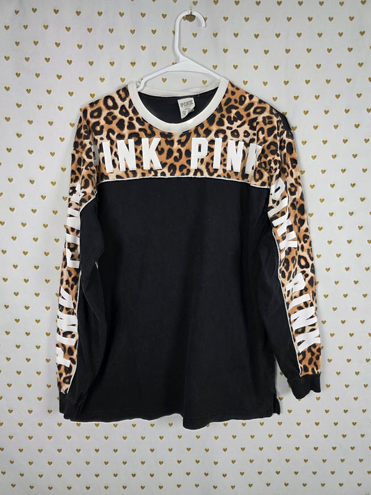 Victorias Secret PINK Leopard Cheetah Long Sleeve Logo Tee shirt Medium