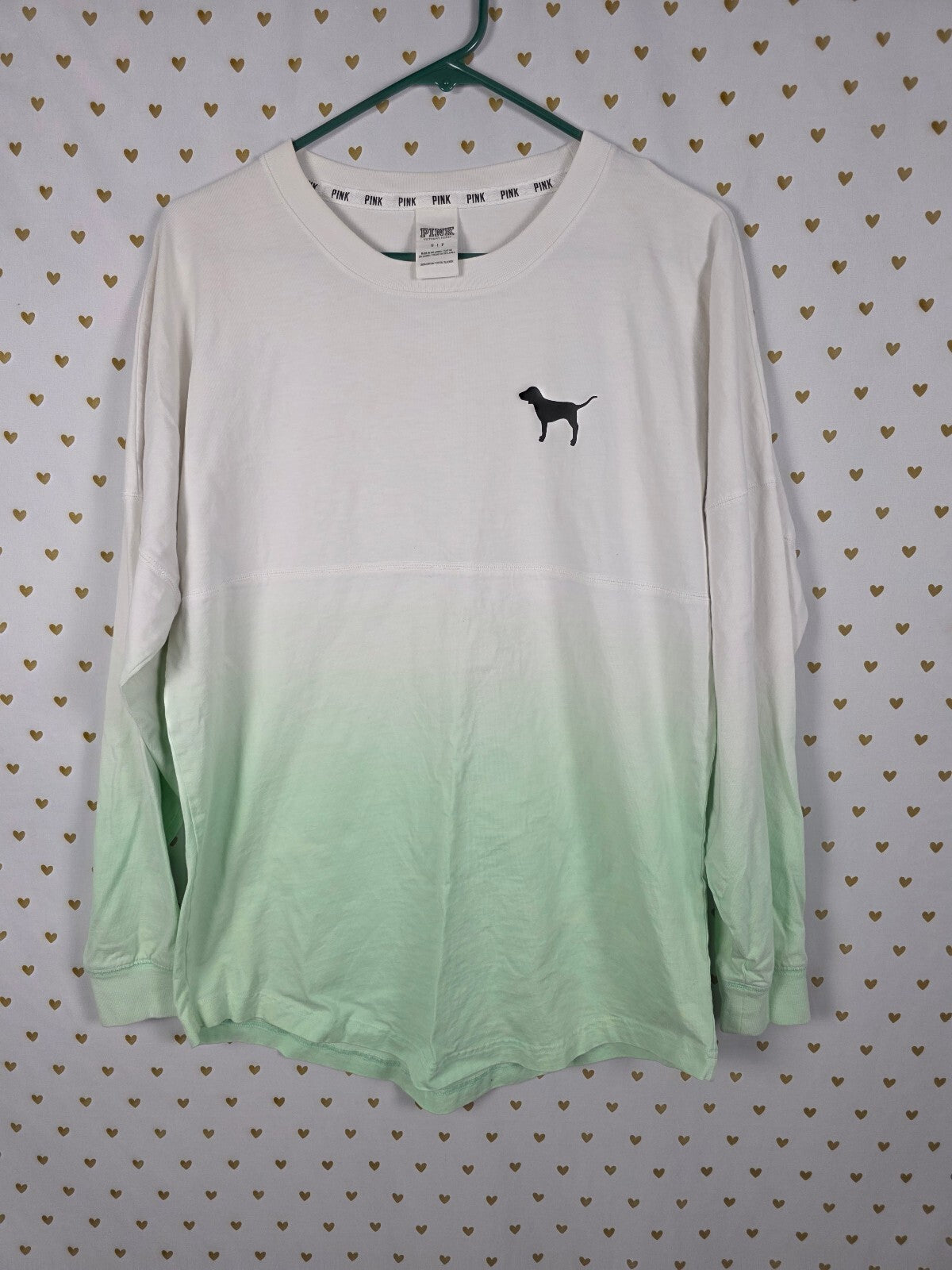 Victorias Secret PINK Gradient Green CAMPUS tee shirt Logo Love SMALL Oversized
