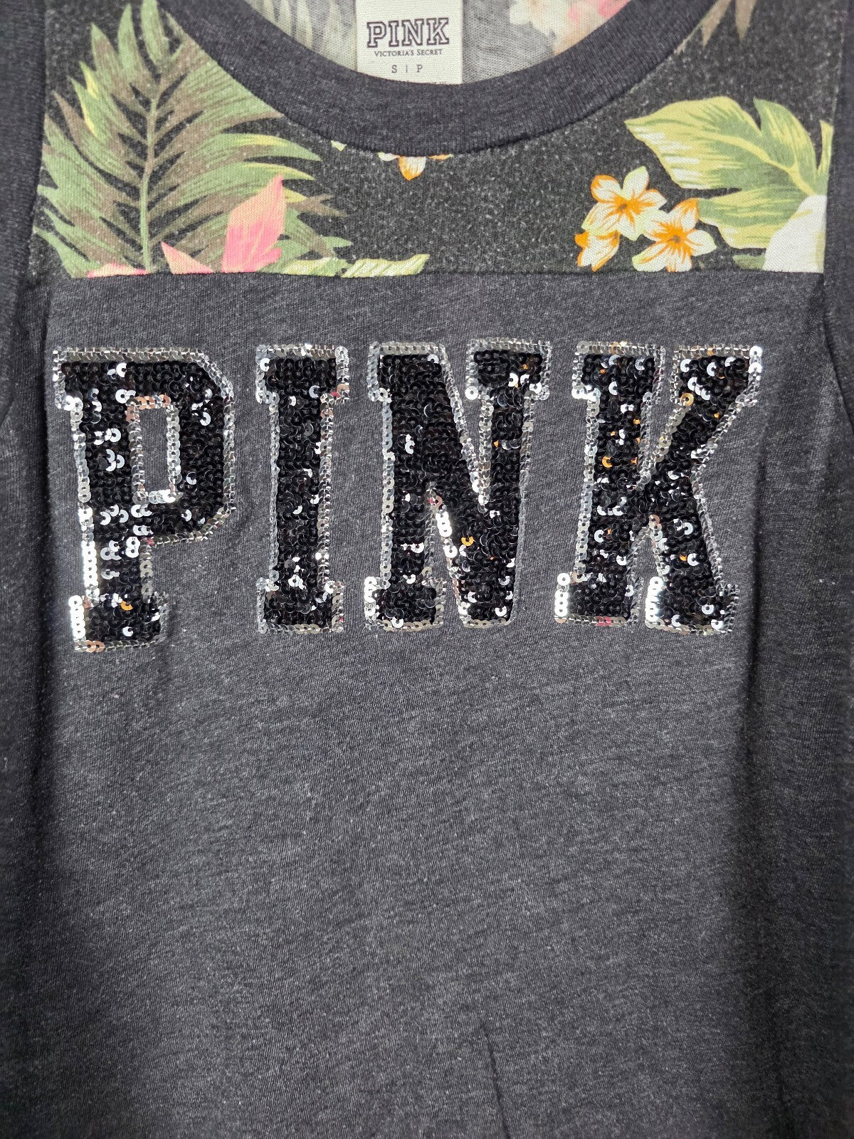 Victorias Secret PINK BLING hawaiian Black Sequined Tank Top Muscle Tee SMALL
