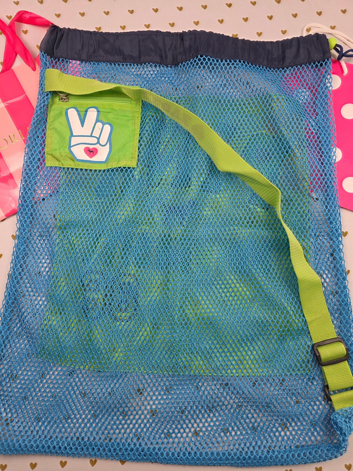 2007 VS PINK University 86 Mesh Laundry Bag Blue Green Dog BLING Vintage