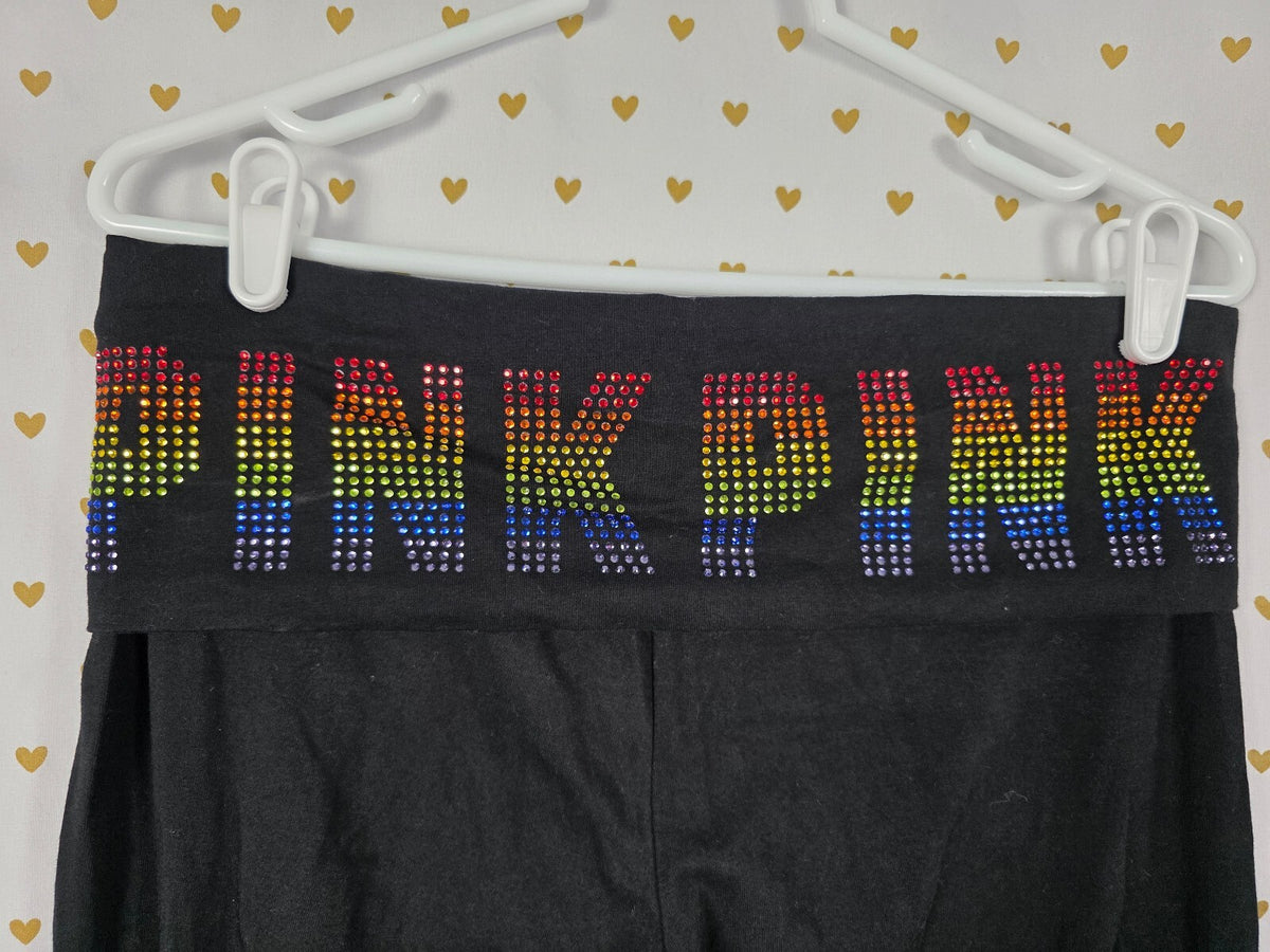 Victorias Secret PINK BLING Rainbow Studded FOLDOVER Yoga Pants LARGE Flared