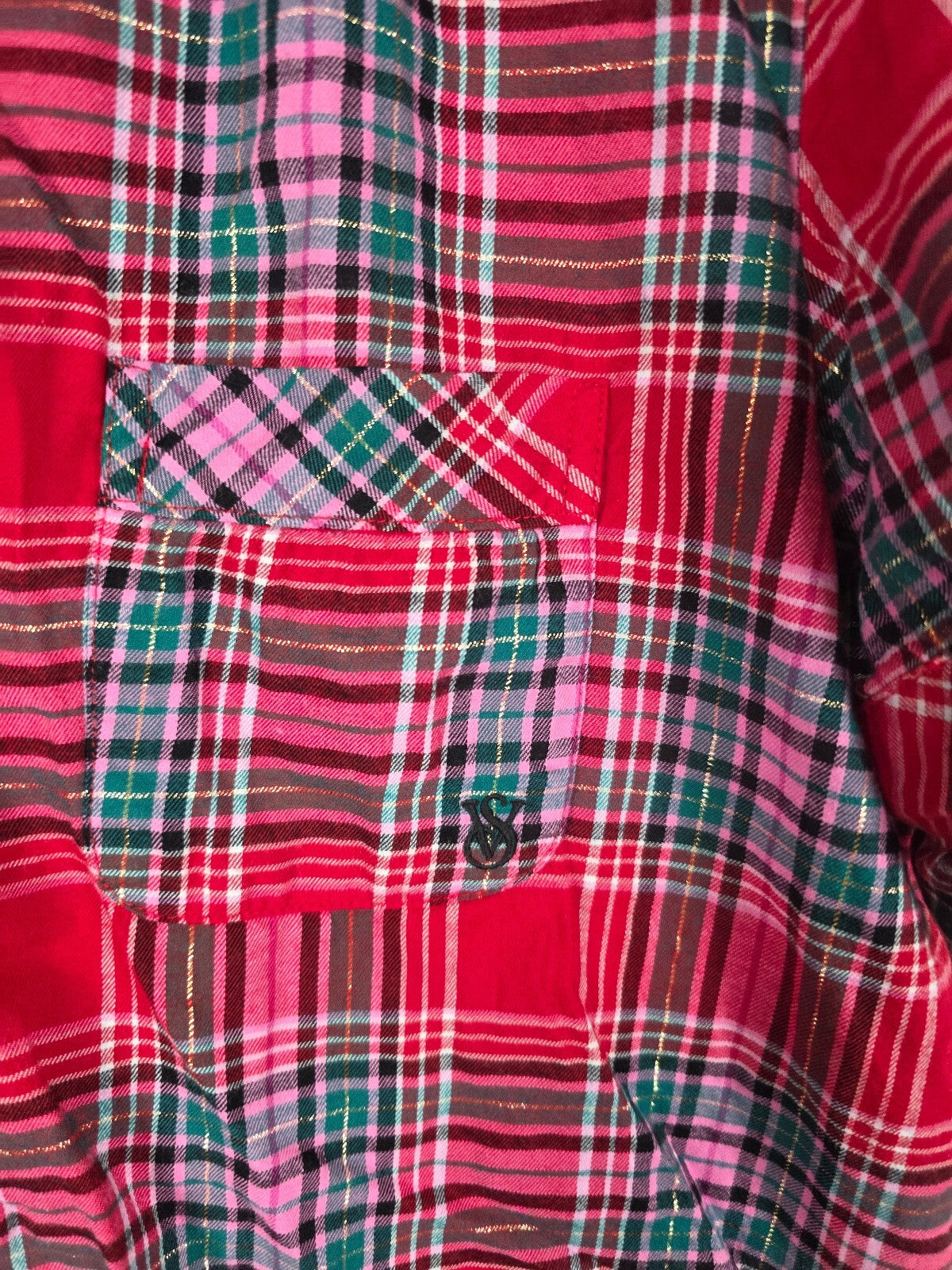 Victoria's Secret Pajama Set S Red Pink Green Plaid Gold Lurex Shorts