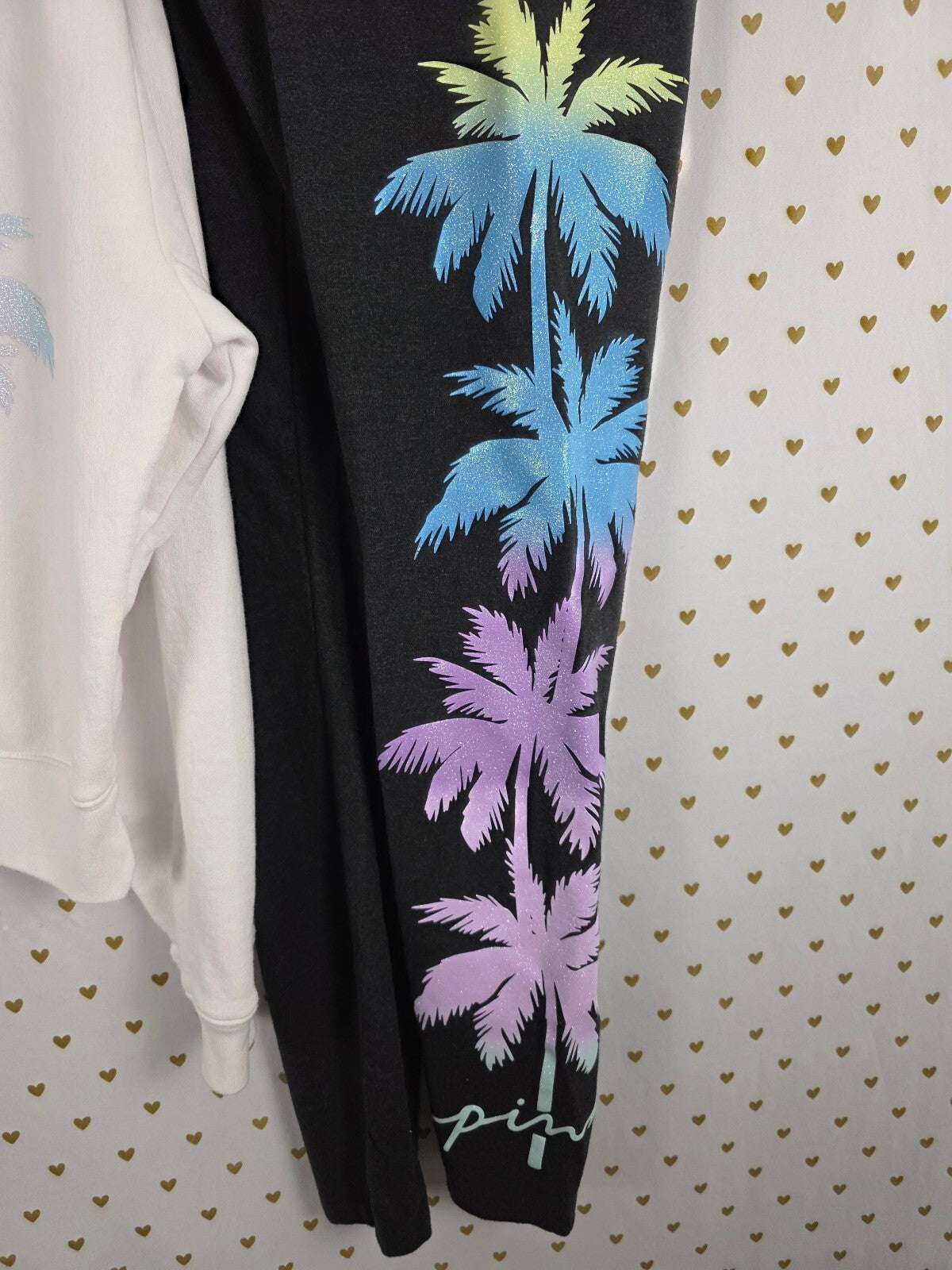 Victorias Secret Pink Glitter Bling Palm Slouchy Sweater Shirt Yoga Pants Medium