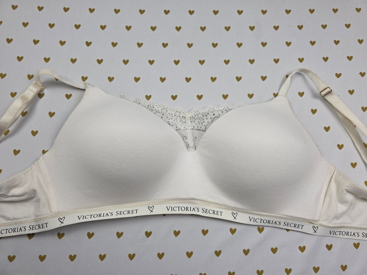 Victorias Secret White Wireless Logo Strap No Wire T shirt Bra 36DD
